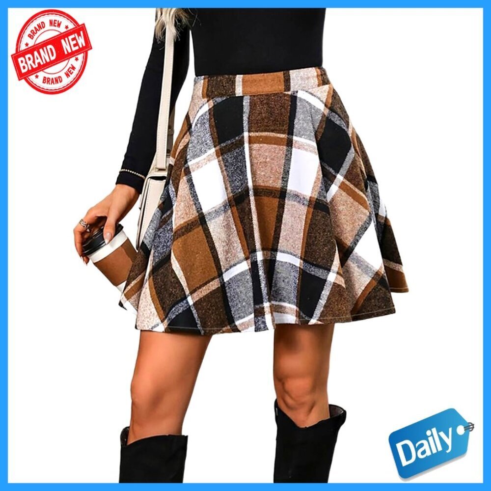 High Waisted A-Line Pleated Mini Skirt, Wool Blend, Above Knee Length, Casual